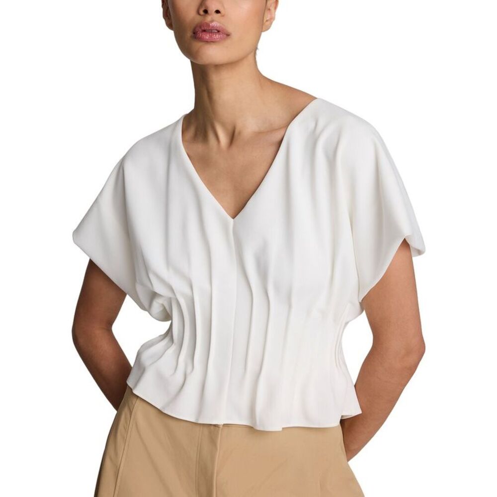 Kenneth Cole Womens  Pleated V-Neck Pullover Top, White